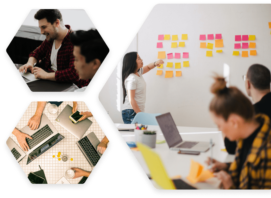 conjunto de imágenes de grupos trabajando en equipo en pro de un objetivo en común