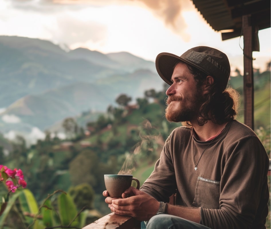 hombre disfrutando un rico café lumbus colombiano en la naturaleza