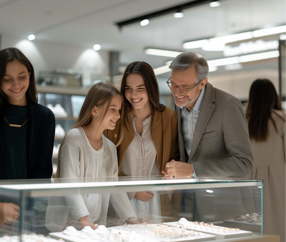 familia comprando joyería de plata