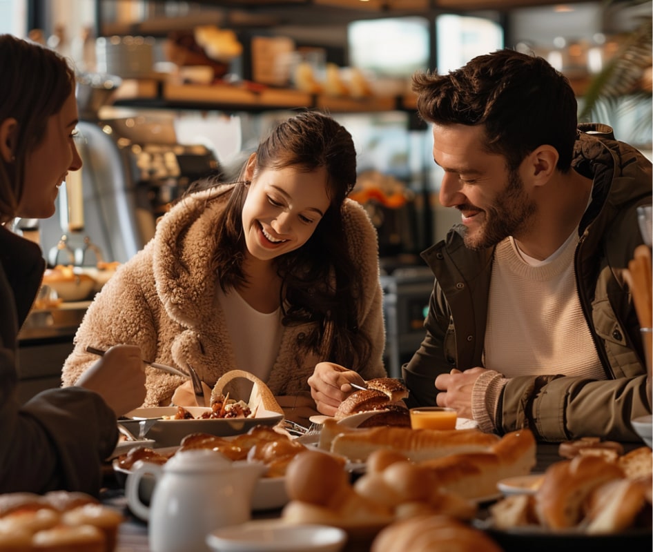 grupo de amigos disfrutando de pan artesanal colombiano y un rico café del mismo origen en santa leña